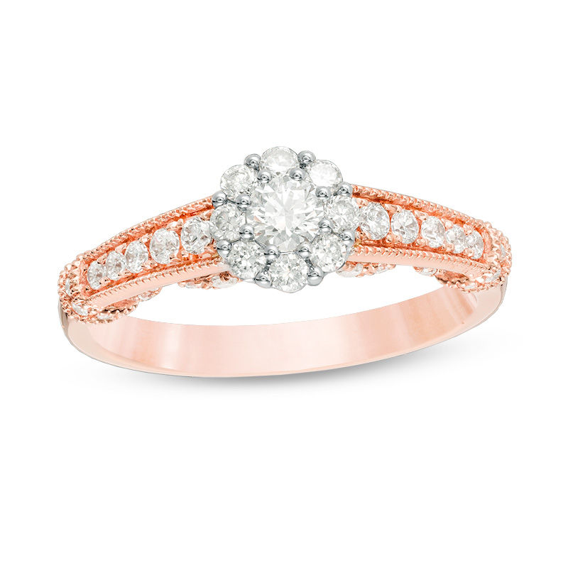Main Image 1 of 7/8 CT. T.W. Diamond Frame Vintage-Style Engagement Ring in 14K Rose Gold