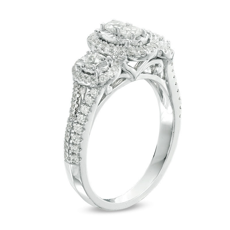 Main Image 2 of 3/4 CT. T.W. Diamond Three Stone Oval Frame Engagement Ring in 14K White Gold