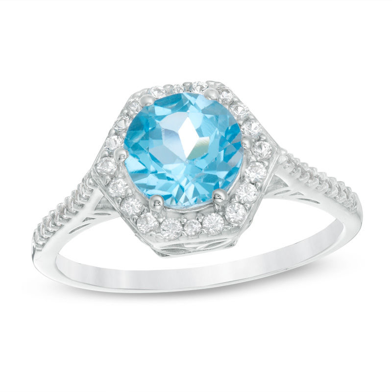 Main Image 1 of 7.0mm Blue Topaz and Lab-Created White Sapphire Hexagon Frame Ring in Sterling Silver
