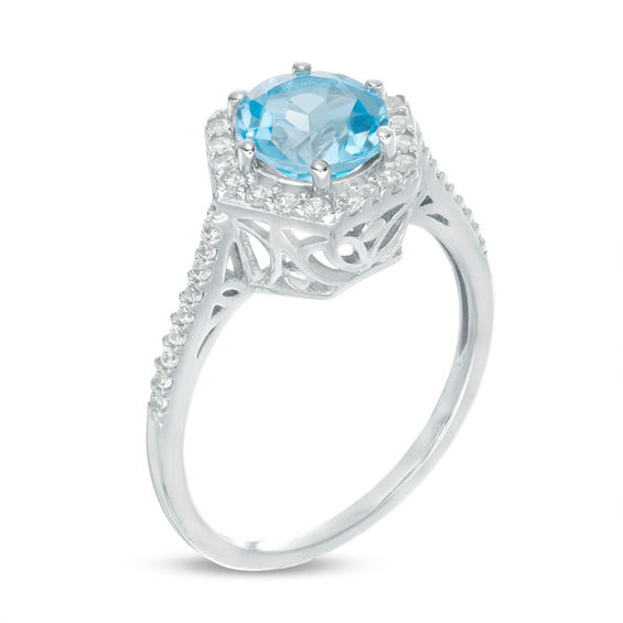 7.0mm Blue Topaz and Lab-Created White Sapphire Hexagon Frame Ring in Sterling Silver