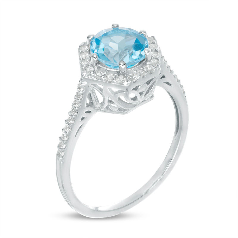Main Image 2 of 7.0mm Blue Topaz and Lab-Created White Sapphire Hexagon Frame Ring in Sterling Silver