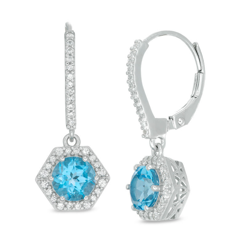 6.0mm Blue Topaz and Lab-Created White Sapphire Hexagon Frame Drop Earrings in Sterling Silver