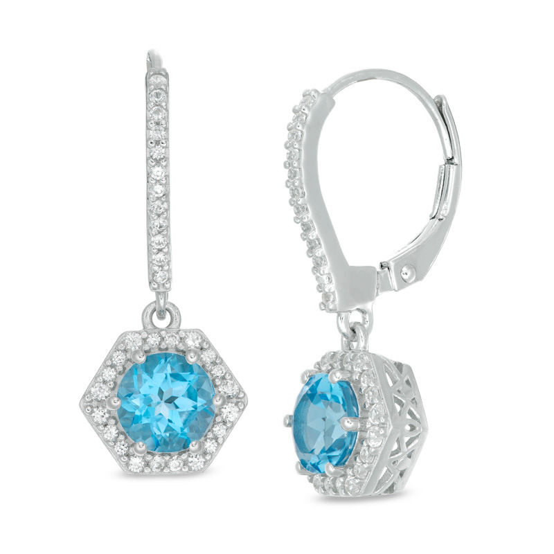 Main Image 1 of 6.0mm Blue Topaz and Lab-Created White Sapphire Hexagon Frame Drop Earrings in Sterling Silver