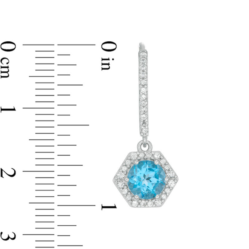 6.0mm Blue Topaz and Lab-Created White Sapphire Hexagon Frame Drop Earrings in Sterling Silver