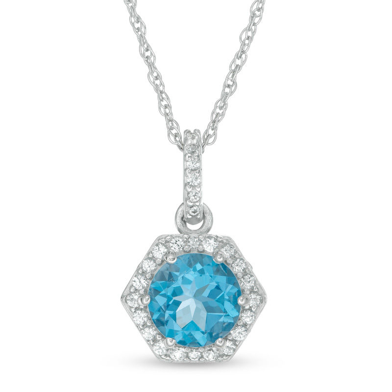 7.0mm Blue Topaz and Lab-Created White Sapphire Hexagon Frame Pendant in Sterling Silver