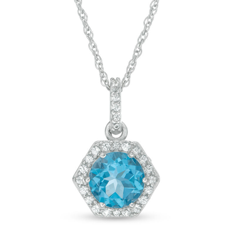 Main Image 1 of 7.0mm Blue Topaz and Lab-Created White Sapphire Hexagon Frame Pendant in Sterling Silver