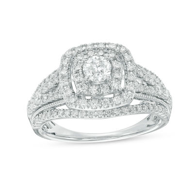 1 CT. T.W. Diamond Double Cushion Frame Multi-Row Vintage-Style Engagement  Ring in 14K White Gold