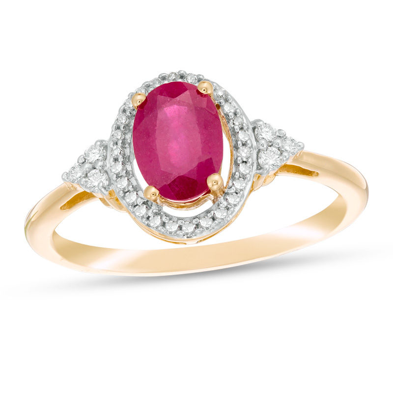 Main Image 1 of Oval Ruby and 1/6 CT. T.W. Diamond Frame Tri-Sides Ring in 10K Gold