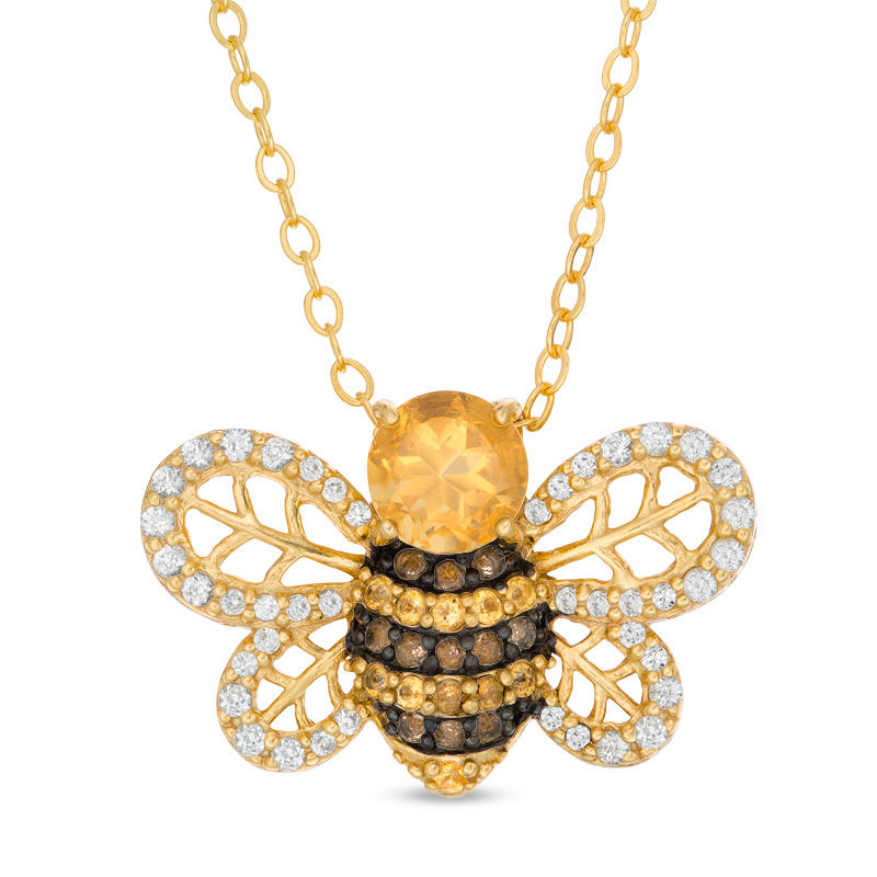 Main Image 1 of Citrine, Smoky Quartz and Lab-Created White Sapphire Bumble Bee Pendant in Sterling Silver with 10K Gold Plate
