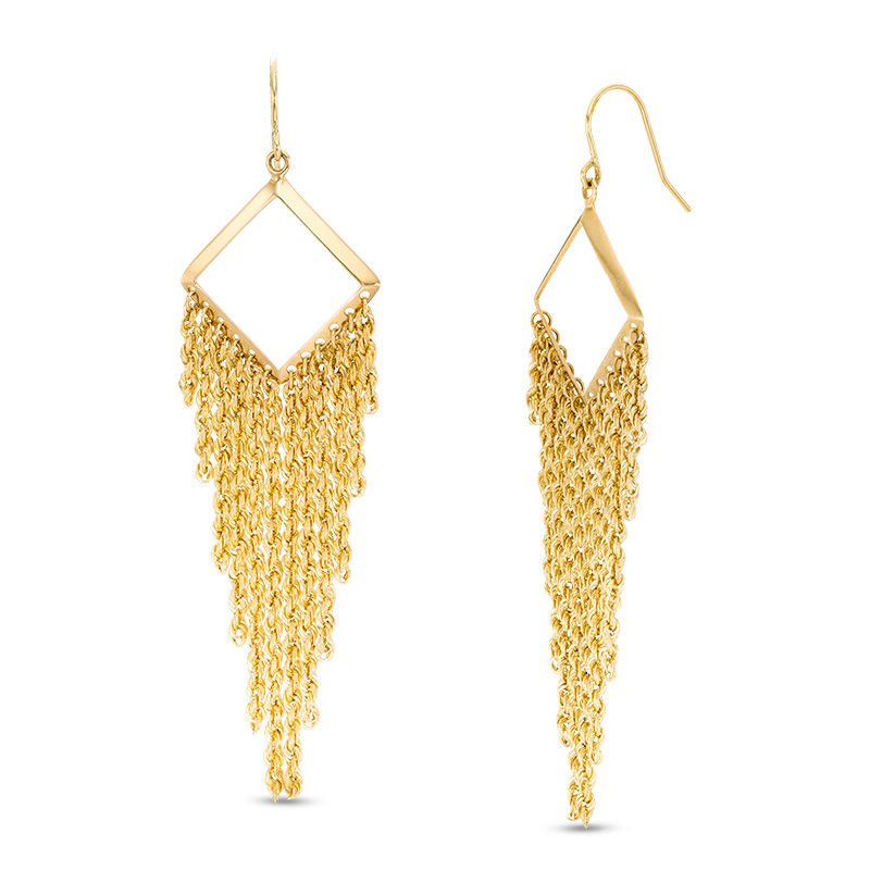 Main Image 1 of Square Outline with Multi-Row Rope Chain Dangle Drop Earrings in 10K Gold