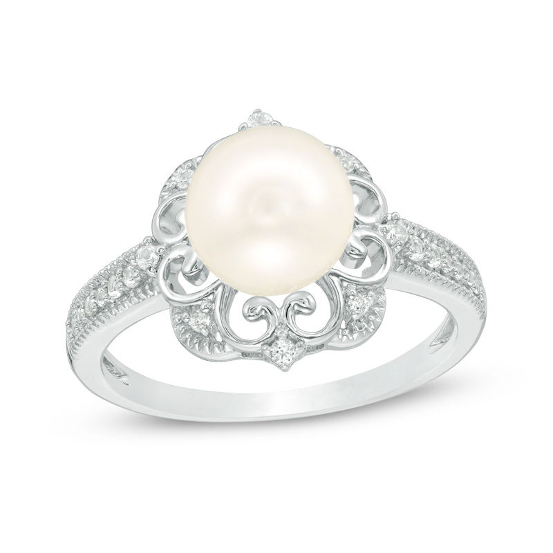 8.0mm Cultured Freshwater Pearl and Lab-Created White Sapphire Vintage-Style Ring in Sterling Silver