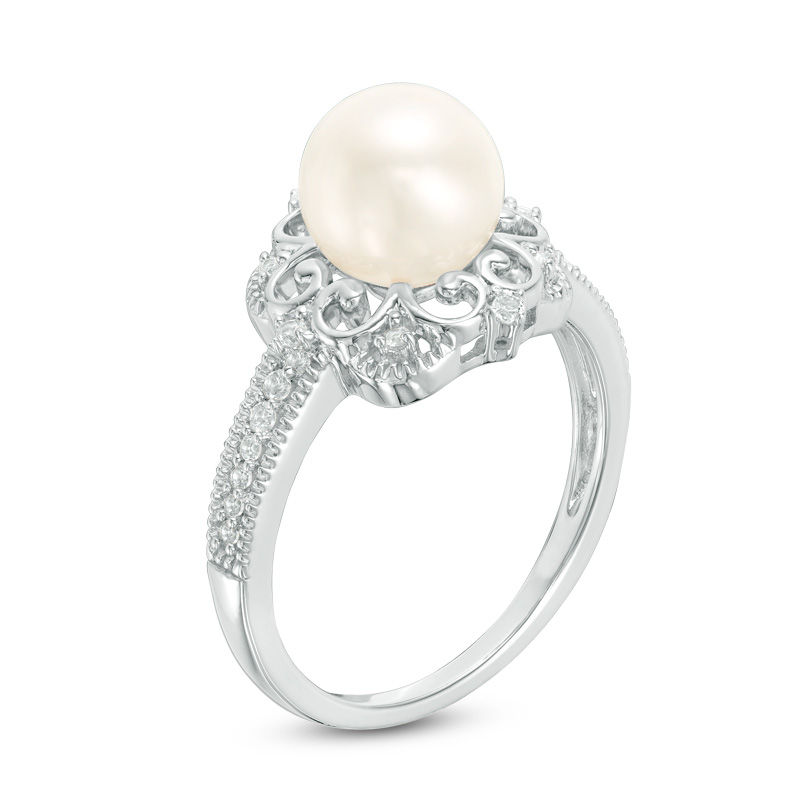 8.0mm Cultured Freshwater Pearl and Lab-Created White Sapphire Vintage-Style Ring in Sterling Silver