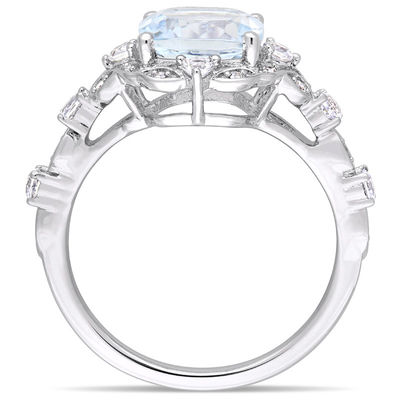 8.0mm Cushion-Cut Aquamarine, White Sapphire and 1/20 CT. T.W. Diamond  Frame Vintage-Style Ring in 14K White Gold