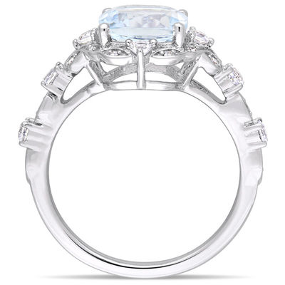 8.0mm Cushion-Cut Aquamarine, White Sapphire and 1/20 CT. T.W. Diamond Frame Vintage-Style Ring in 14K White Gold 8.0mm Cushion-Cut Aquamarine, White Sapphire and 1/20 CT. T.W. Diamond Frame Vintage-Style Ring in 14K White Gold