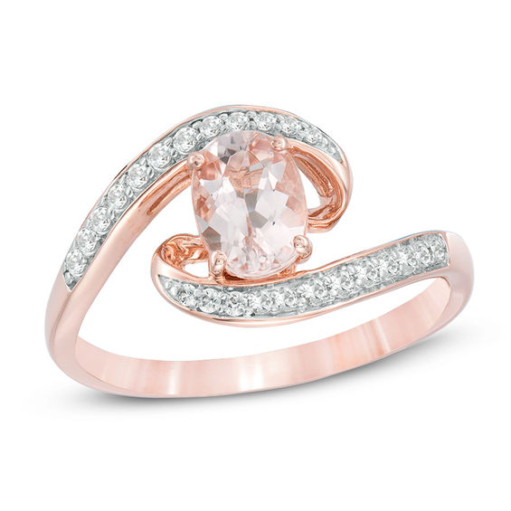 Oval Morganite and Lab-Created White Sapphire Bypass Swirl Ring in 10K Rose Gold