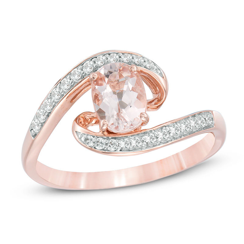 Main Image 1 of Oval Morganite and Lab-Created White Sapphire Bypass Swirl Ring in 10K Rose Gold