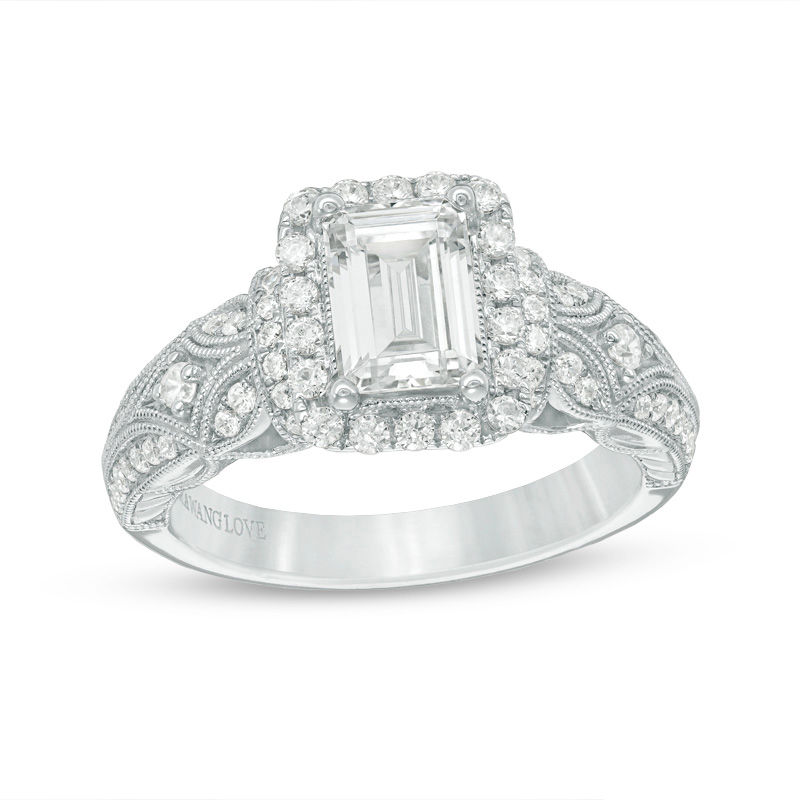 Main Image 1 of Vera Wang Love Collection 1-1/2 CT. T.W. Emerald-Cut Diamond Frame Vintage-Style Engagement Ring in 14K White Gold