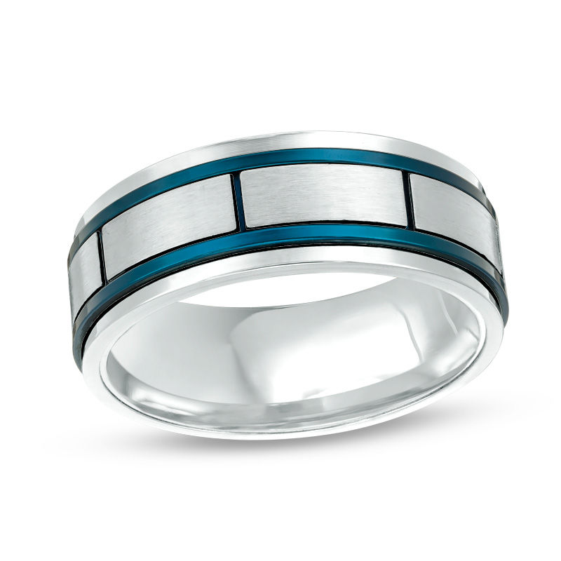 Main Image 1 of Men's 8.0mm Brick Pattern Band in Stainless Steel with Blue IP - Size 10
