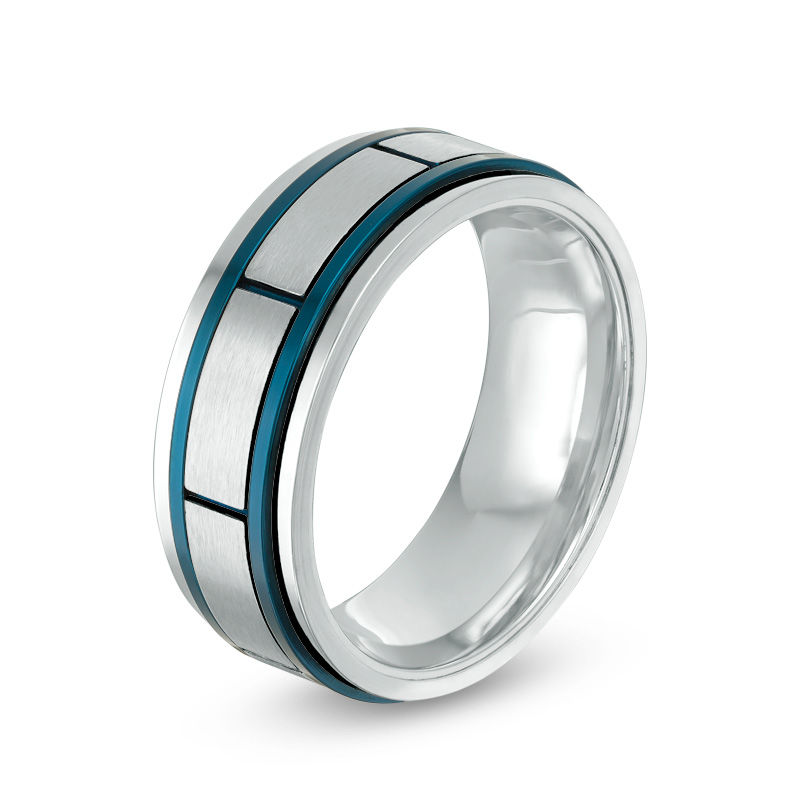 Main Image 2 of Men's 8.0mm Brick Pattern Band in Stainless Steel with Blue IP - Size 10