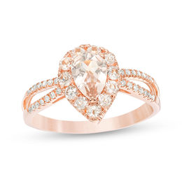 Rose Gold Wedding Rings Zales Pear Shaped Morganite And 1 15 Ct T W Diamond Split Shank Ring In