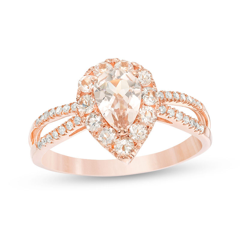 Main Image 1 of Pear-Shaped Morganite and 1/15 CT. T.W. Diamond Split Shank Ring in 10K Rose Gold