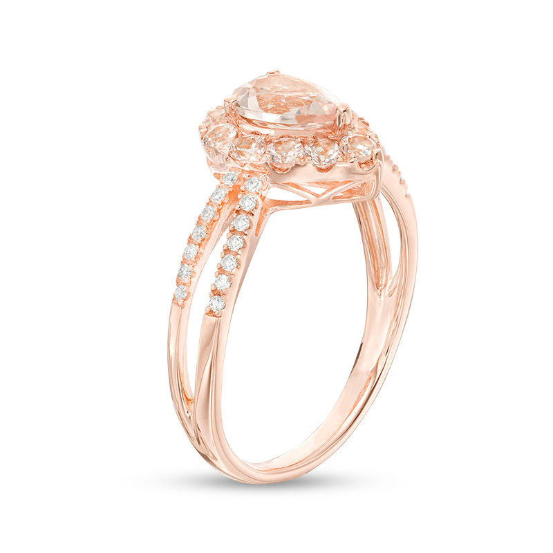 Main Image 2 of Pear-Shaped Morganite and 1/15 CT. T.W. Diamond Split Shank Ring in 10K Rose Gold