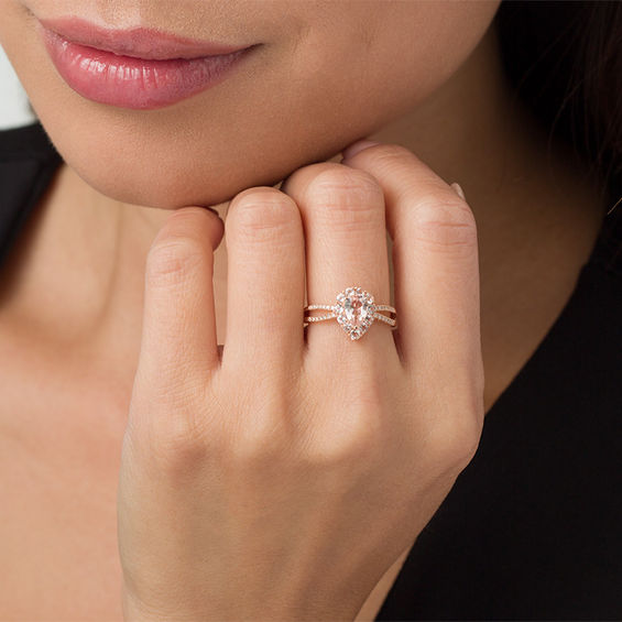 Pear-Shaped Morganite and 1/15 CT. T.w. Diamond Split Shank Ring in 10K Rose Gold