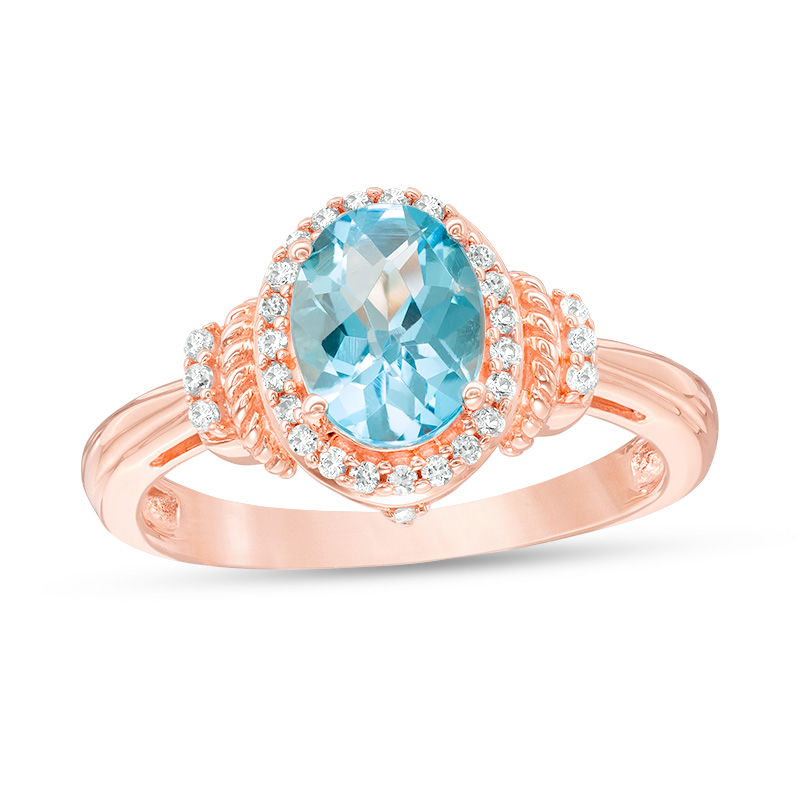 Checkerboard Oval Swiss Blue Topaz and Lab-Created White Sapphire Frame Rope Collar Ring in 10K Rose Gold