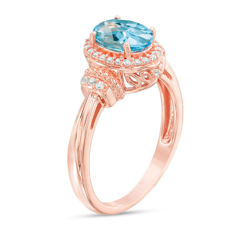 Checkerboard Oval Swiss Blue Topaz and Lab-Created White Sapphire Frame Rope Collar Ring in 10K Rose Gold