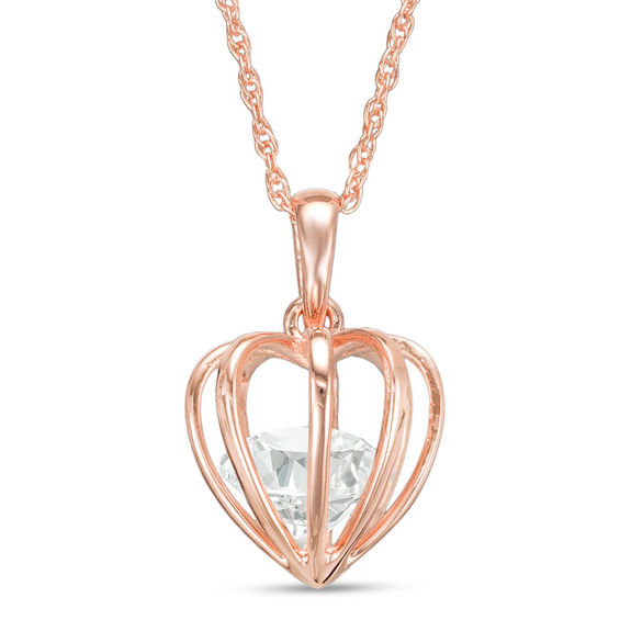 8.0mm Lab-Created White Sapphire Heart-Shaped Cage Pendant in Sterling Silver with 18K Rose Gold Plate