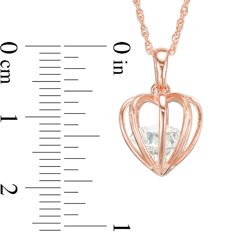 Main Image 2 of 8.0mm Lab-Created White Sapphire Heart-Shaped Cage Pendant in Sterling Silver with 18K Rose Gold Plate