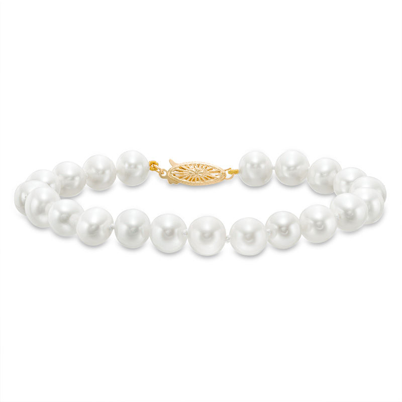 Main Image 1 of 7.0-8.0mm Freshwater Cultured Pearl Strand Bracelet with 14K Gold Clasp-7.5"