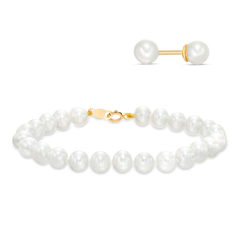Main Image 1 of Child's 3.75-5.0mm Freshwater Cultured Pearl Bracelet and Stud Earrings Set in 14K Gold-5.25"