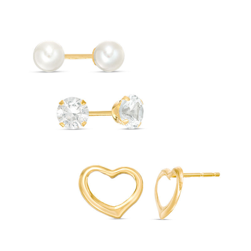 4.5 - 5.0mm Natural Freshwater Pearl, Lab-Created White Sapphire and Heart Outline Stud Earrings Set in 14K Gold