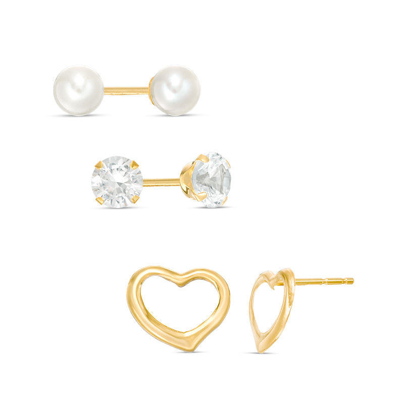 Main Image 1 of 4.5 - 5.0mm Natural Freshwater Pearl, Lab-Created White Sapphire and Heart Outline Stud Earrings Set in 14K Gold