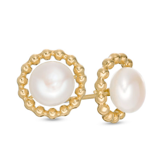 7.75-8.0mm Button Freshwater Cultured Pearl Bead Frame Stud Earrings in 14K Gold