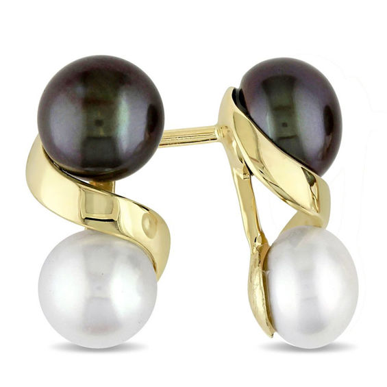 5.5 - 6.0mm Button White and Dyed Black Cultured Freshwater Pearl Cascading Drop Earrings in 10K Gold 5.5 - 6.0mm Button White and Dyed Black Cultured Freshwater Pearl Cascading Drop Earrings in 10K Gold