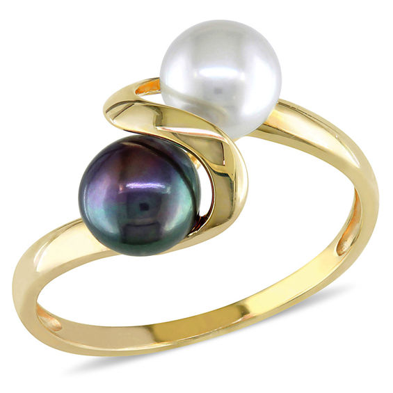5.5 - 6.0mm Button White and Dyed Black Cultured Freshwater Pearl Bypass Ring in 10K Gold 5.5 - 6.0mm Button White and Dyed Black Cultured Freshwater Pearl Bypass Ring in 10K Gold