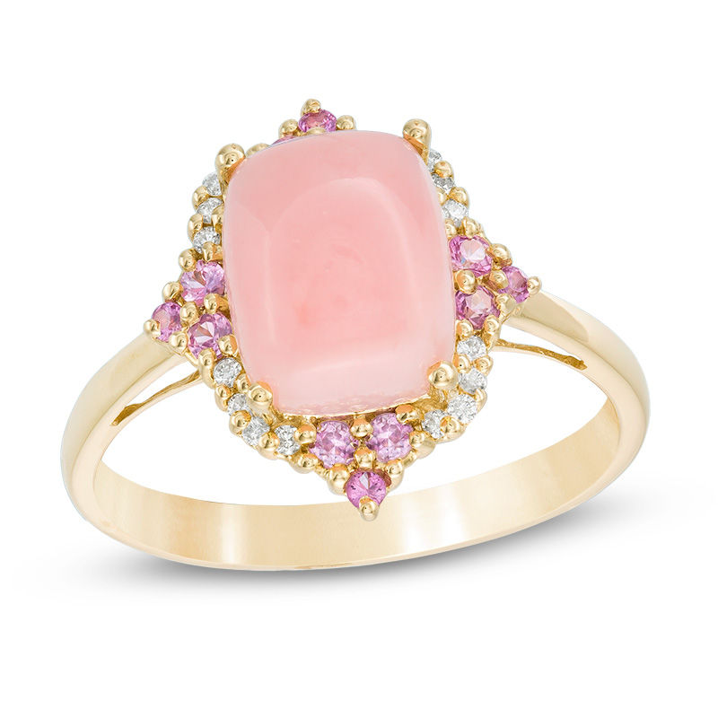 Main Image 1 of Cushion-Cut Pink Opal, Pink Sapphire and Diamond Accent Ornate Ring in 10K Gold