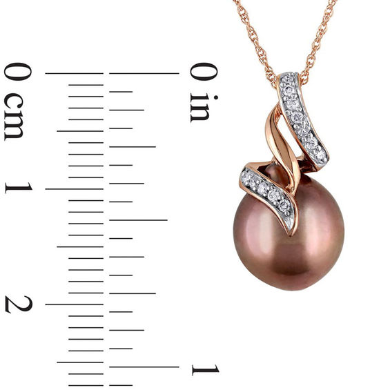 Dyed Brown Cultured Tahitian Pearl and 1/10 CT. T.W. Diamond Cascading Ribbon Pendant in 10K Rose Gold - 17" Dyed Brown Cultured Tahitian Pearl and 1/10 CT. T.W. Diamond Cascading Ribbon Pendant in 10K Rose Gold - 17"
