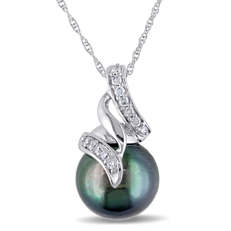 Main Image 1 of 9.5-10.0mm Black Tahitian Cultured Pearl and 1/10 CT. T.W. Diamond Cascading Ribbon Pendant in 10K White Gold-17&quot;