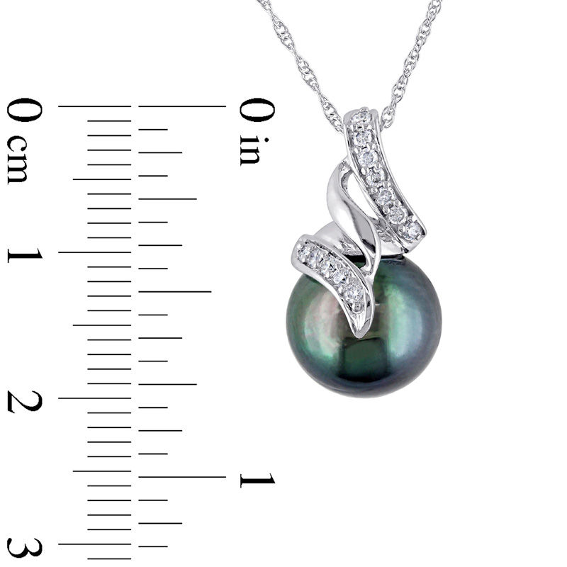 9.5 - 10.0mm Black Cultured Tahitian Pearl and 1/10 CT. T.W. Diamond Cascading Ribbon Pendant in 10K White Gold - 17"