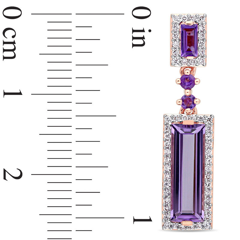 Elongated Baguette Amethyst and 1/3 CT. T.W. Diamond Frame Drop Earrings in 14K Rose Gold