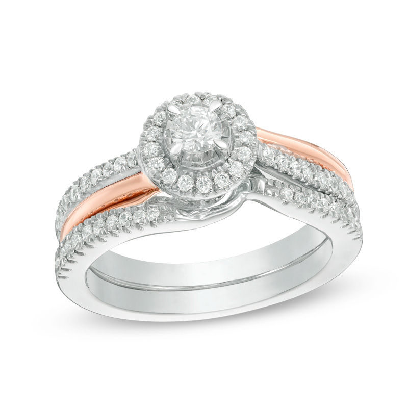 Main Image 1 of 5/8 CT. T.W. Diamond Frame Three Piece Bridal Set in 14K Two-Tone Gold
