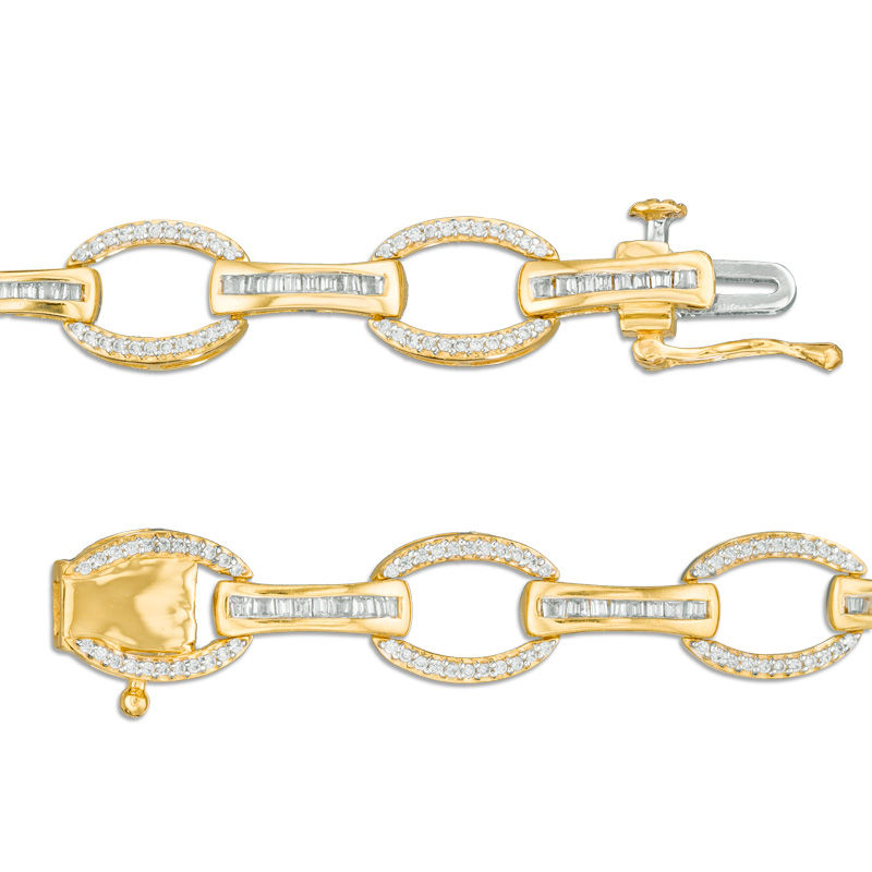 Main Image 2 of 1 CT. T.W. Baguette and Round Diamond Oval Link Bracelet in 10K Gold - 7.25"