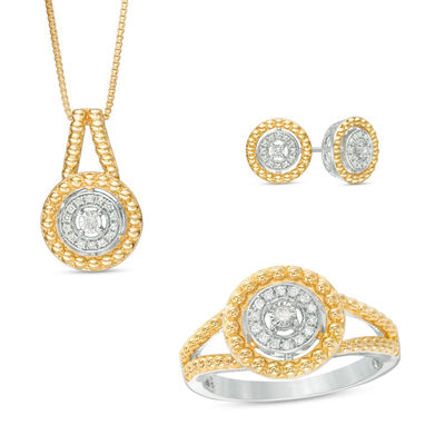 1/5 CT. T.W. Diamond Pendant, Ring and Earrings Set in Sterling Silver with  14K Gold Plate - Size 7