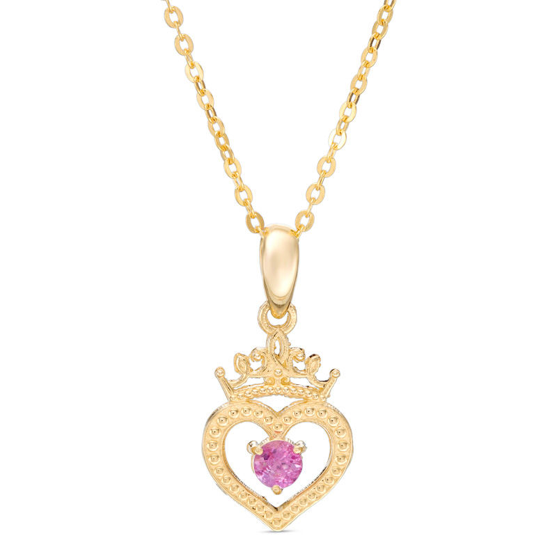 Child's Disney Twinkle Princess Pink Sapphire Beaded Heart with Tiara Pendant in 14K Gold - 13"