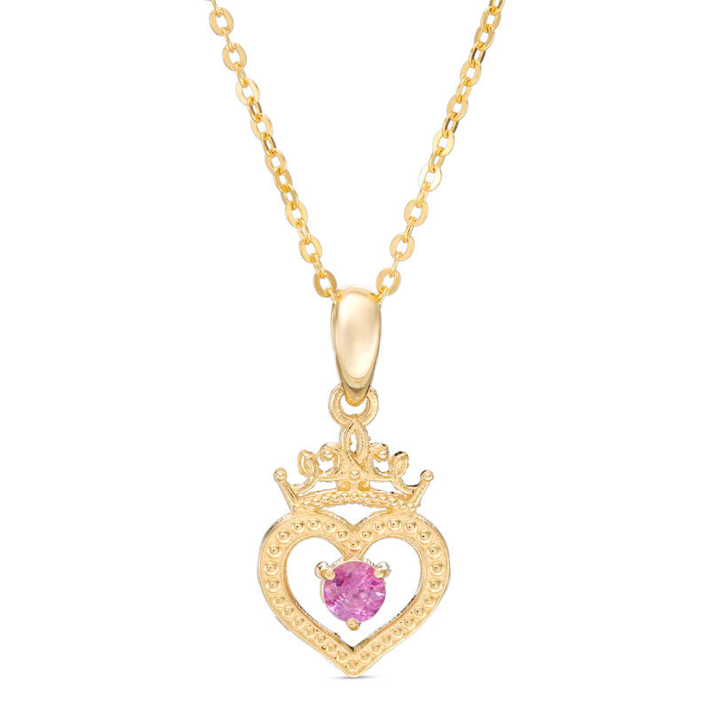 Main Image 1 of Child's Disney Twinkle Princess Pink Sapphire Beaded Heart with Tiara Pendant in 14K Gold - 13"