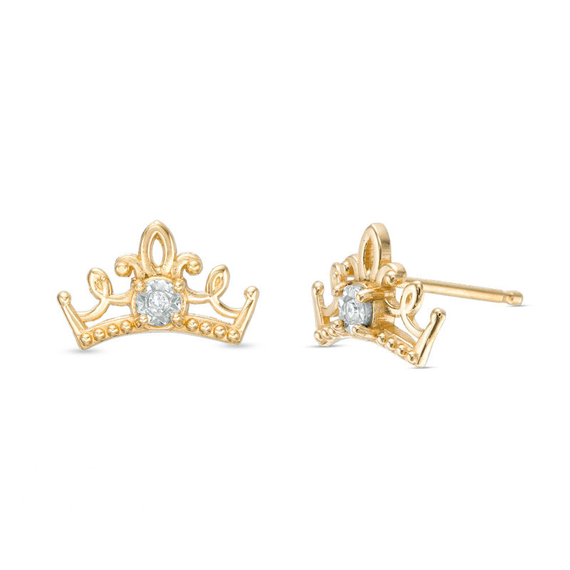 Child's Disney Twinkle Princess Diamond Accent Beaded Tiara Stud Earrings in 14K Gold