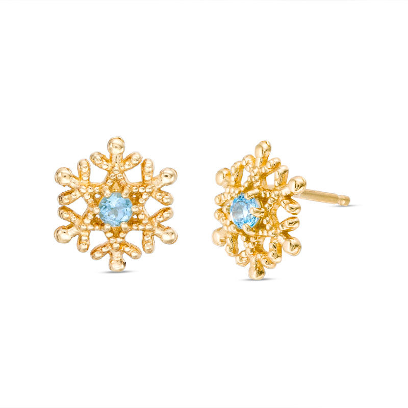 Main Image 1 of Child's Disney Twinkle Frozen Blue Topaz Beaded Snowflake Stud Earrings in 14K Gold